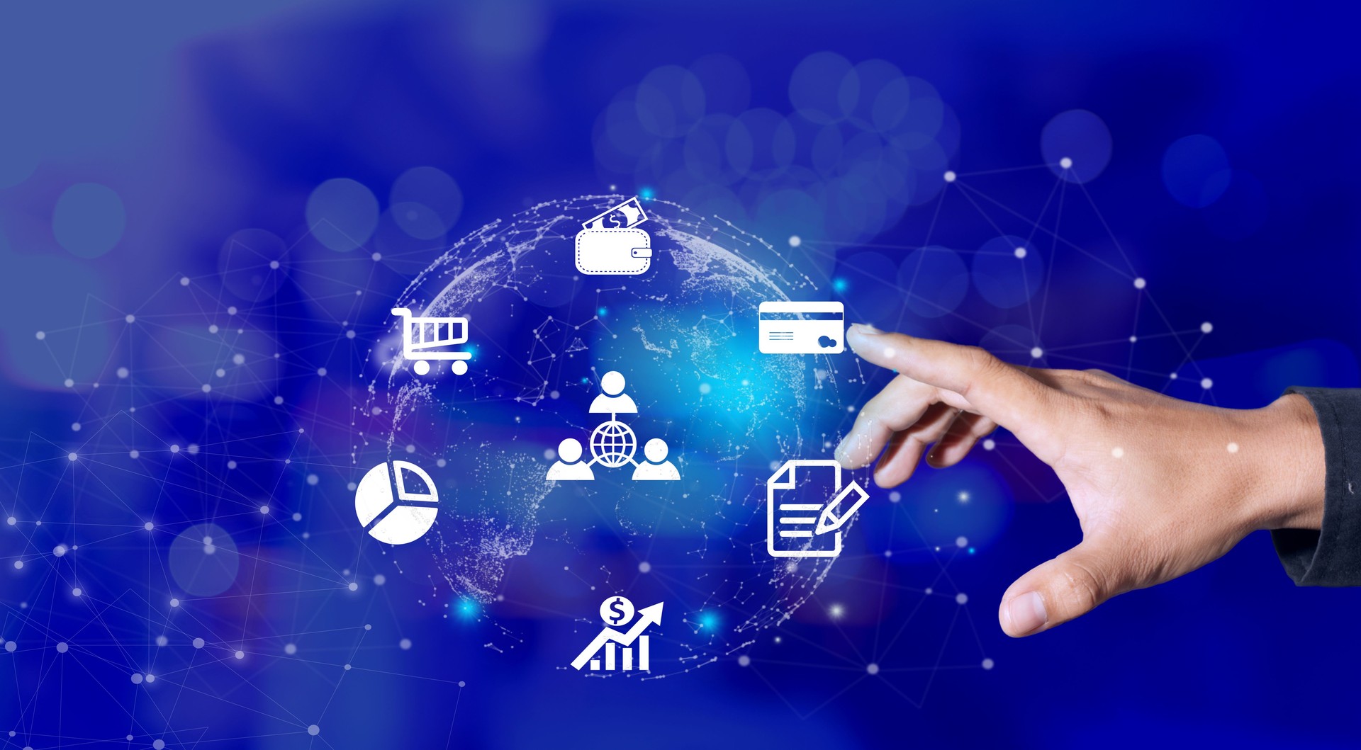 Empresario crea un icono virtual global conexión a internet metaverso tecnología de aplicación de conexión a internet para negocios globales y marketing digital Enlace digital Tecnología Finanzas y Banca
