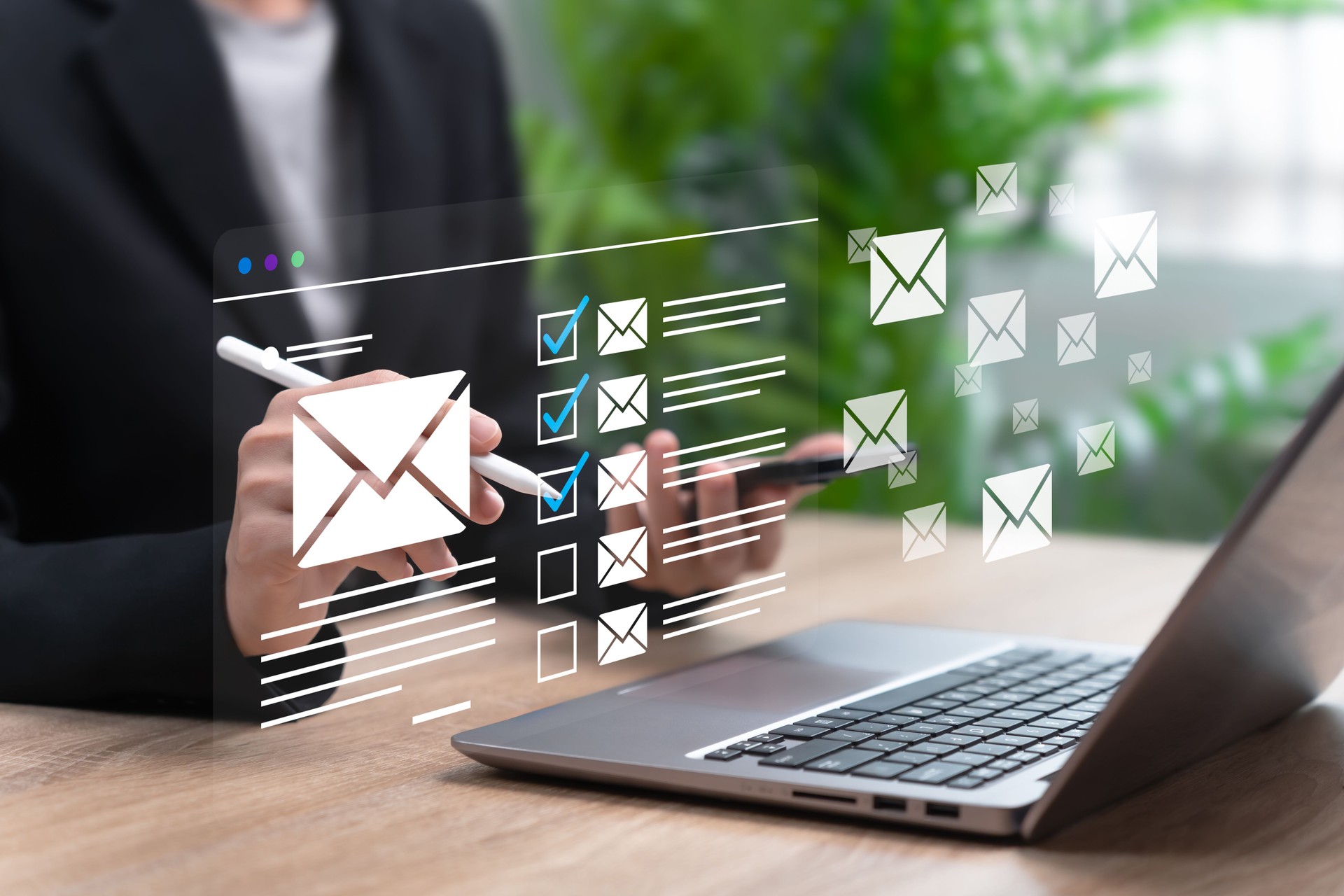 Concepto de correspondencia de correo electrónico móvil, Mujer de negocios verifica y escribe recibiendo correos electrónicos a través de una computadora portátil, Mensajes de comunicación comercial global, Red digital, Mundo empresarial moderno, Tec